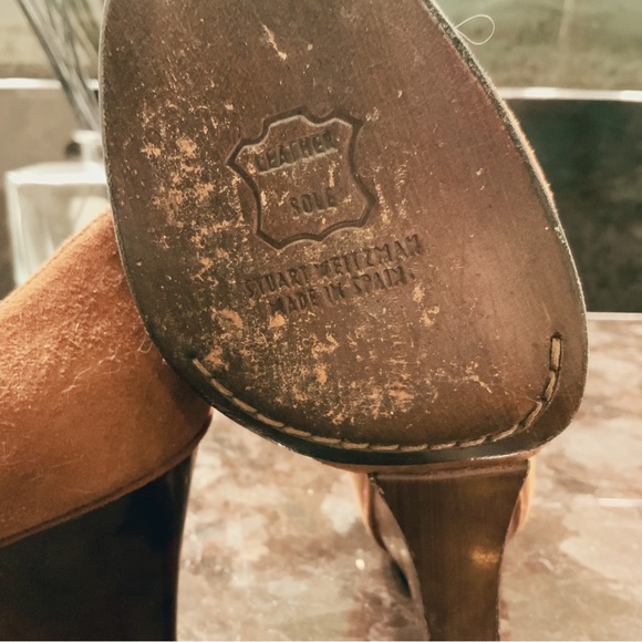 Stuart Weitzman Brown Suede Peep Toe Wedge Marble Heel Bow Tie Accent sz 4.5 - Picture 12 of 16